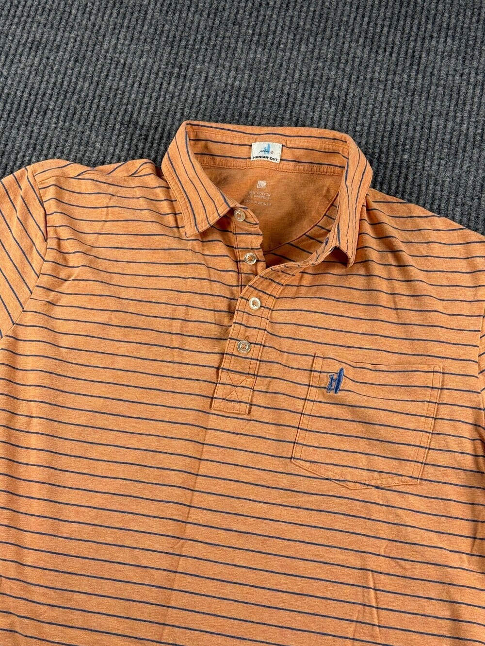 Johnnie O Hanging Out Polo Mens L Peach Orange Navy Striped Short Sleeve Stretch